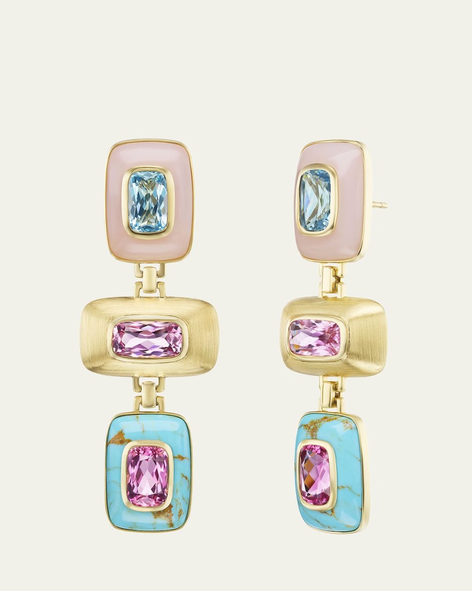 18K Yellow Gold Patchwork Earrings with Aquamarine, Tourmaline and Turquoise